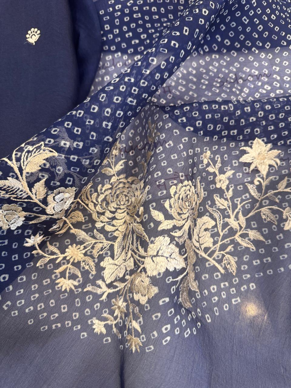 Pure Organza Thread Work Suit Set with Silk Organza Bandhani Dupatta