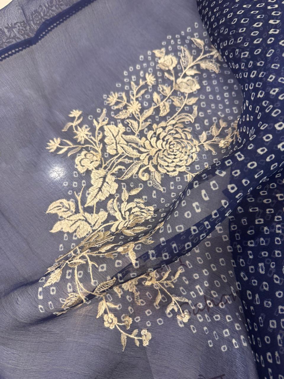 Pure Organza Thread Work Suit Set with Silk Organza Bandhani Dupatta