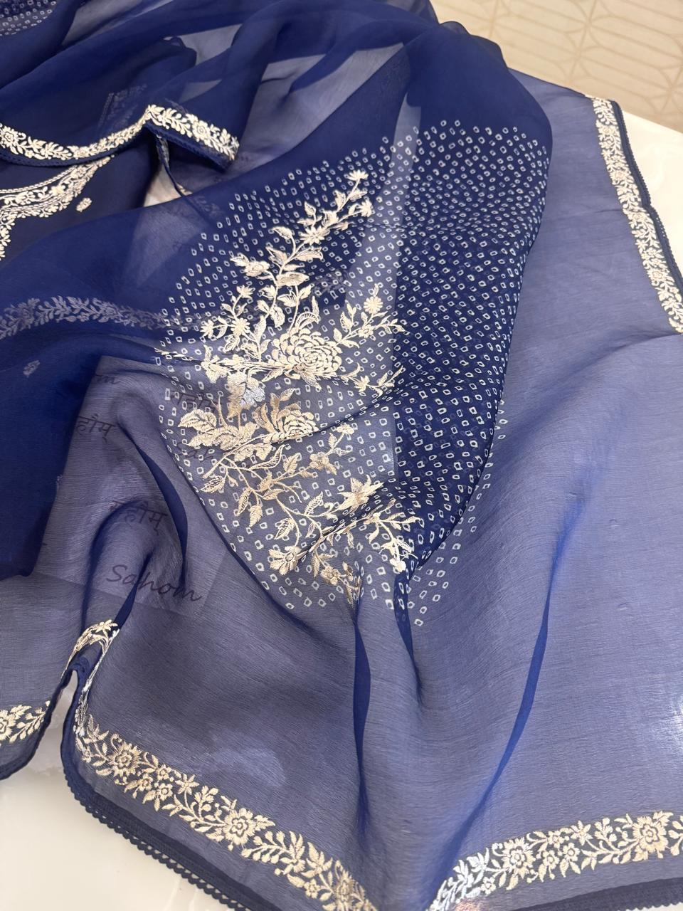 Pure Organza Thread Work Suit Set with Silk Organza Bandhani Dupatta