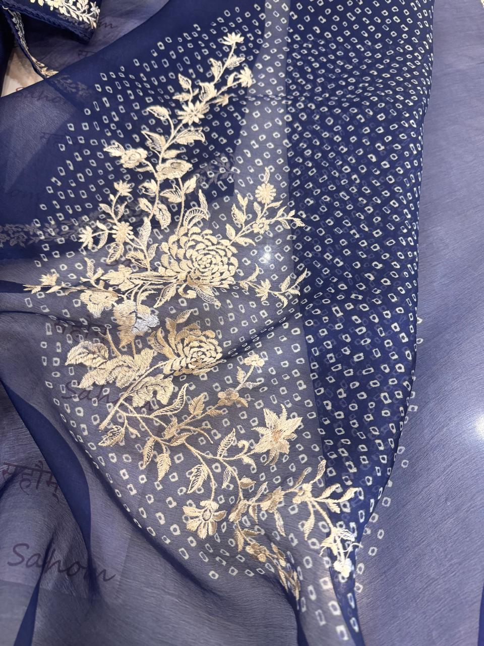 Pure Organza Thread Work Suit Set with Silk Organza Bandhani Dupatta
