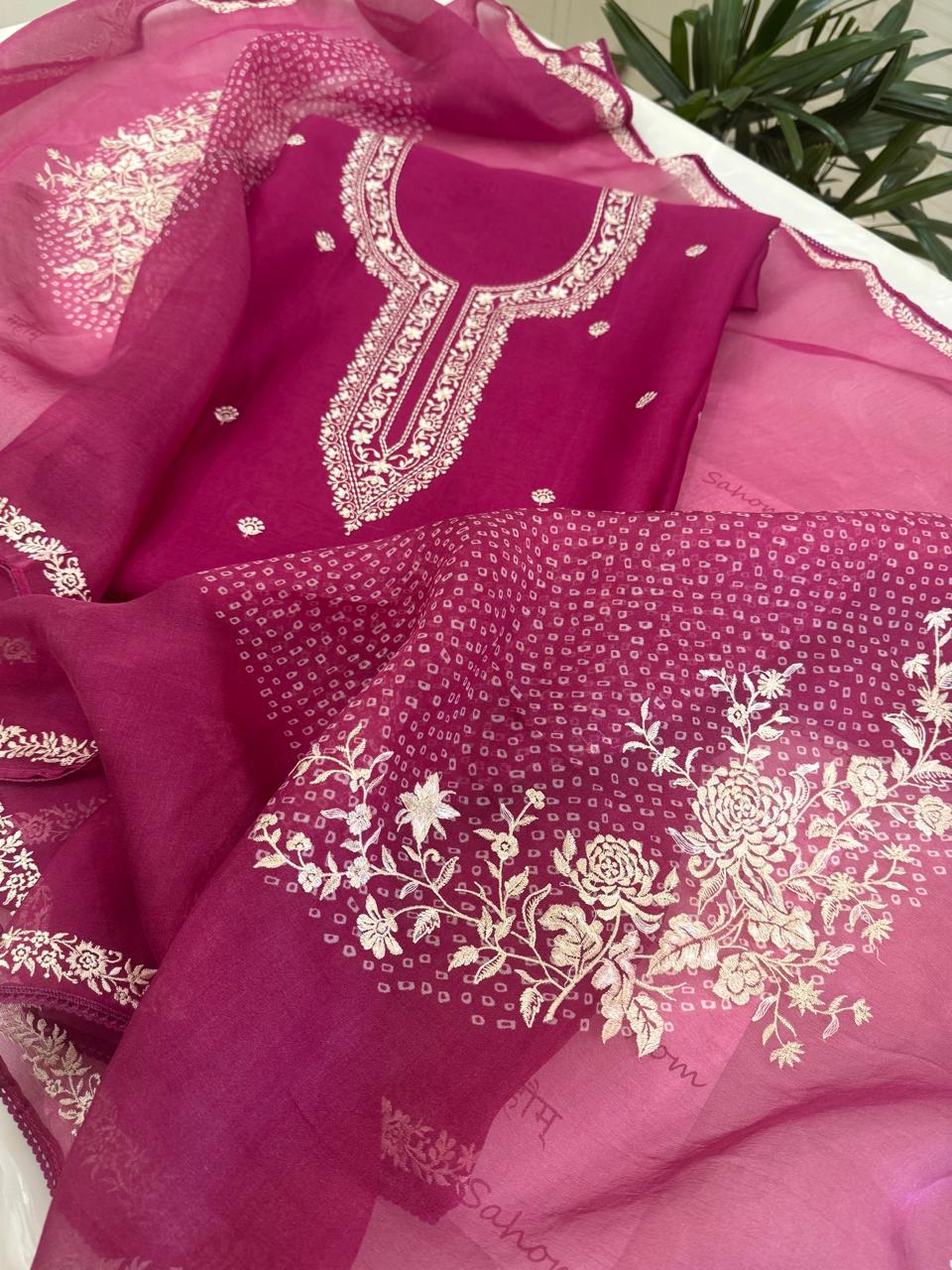 Pure Organza Thread Work Suit Set with Silk Organza Bandhani Dupatta