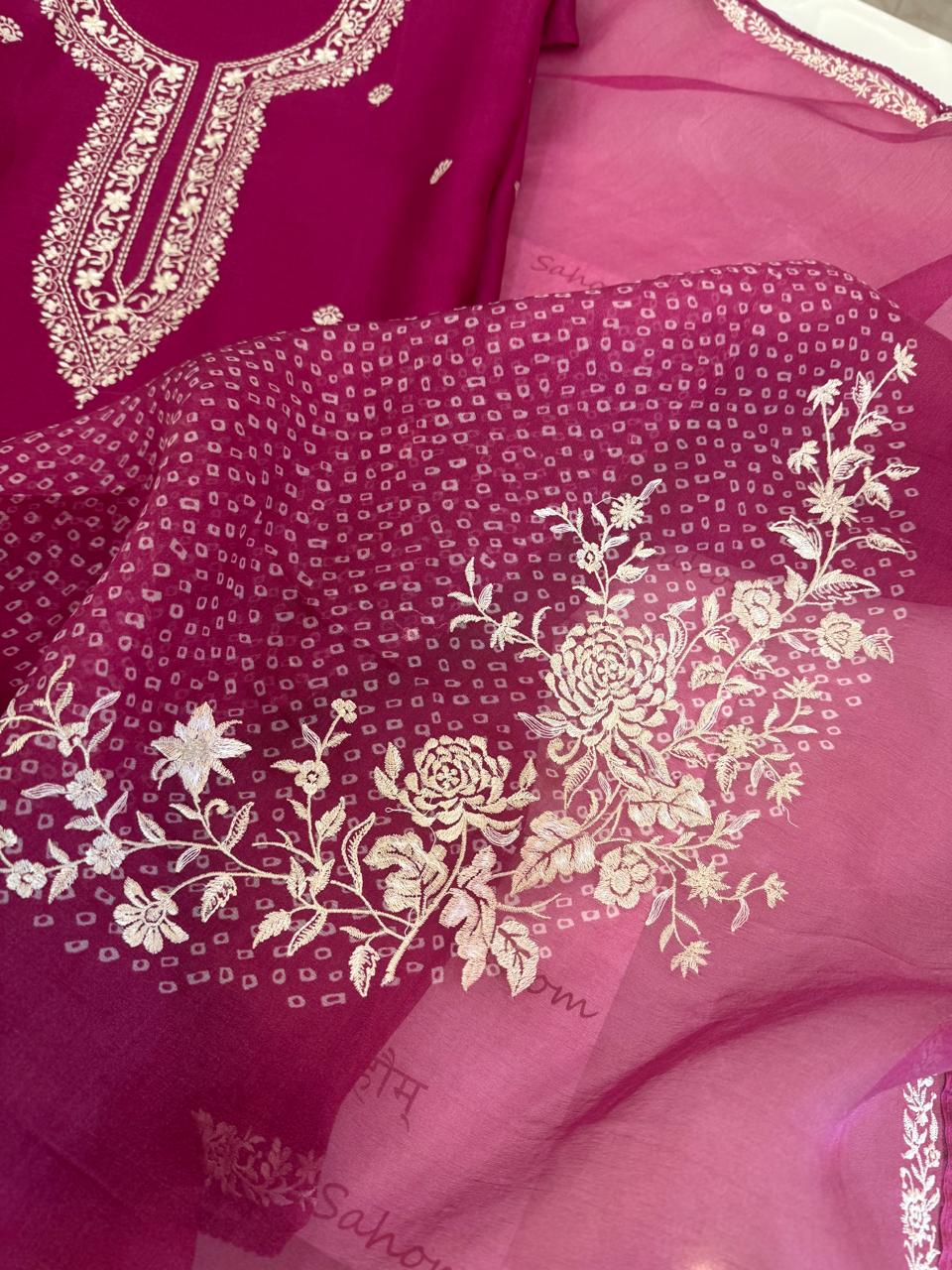 Pure Organza Thread Work Suit Set with Silk Organza Bandhani Dupatta