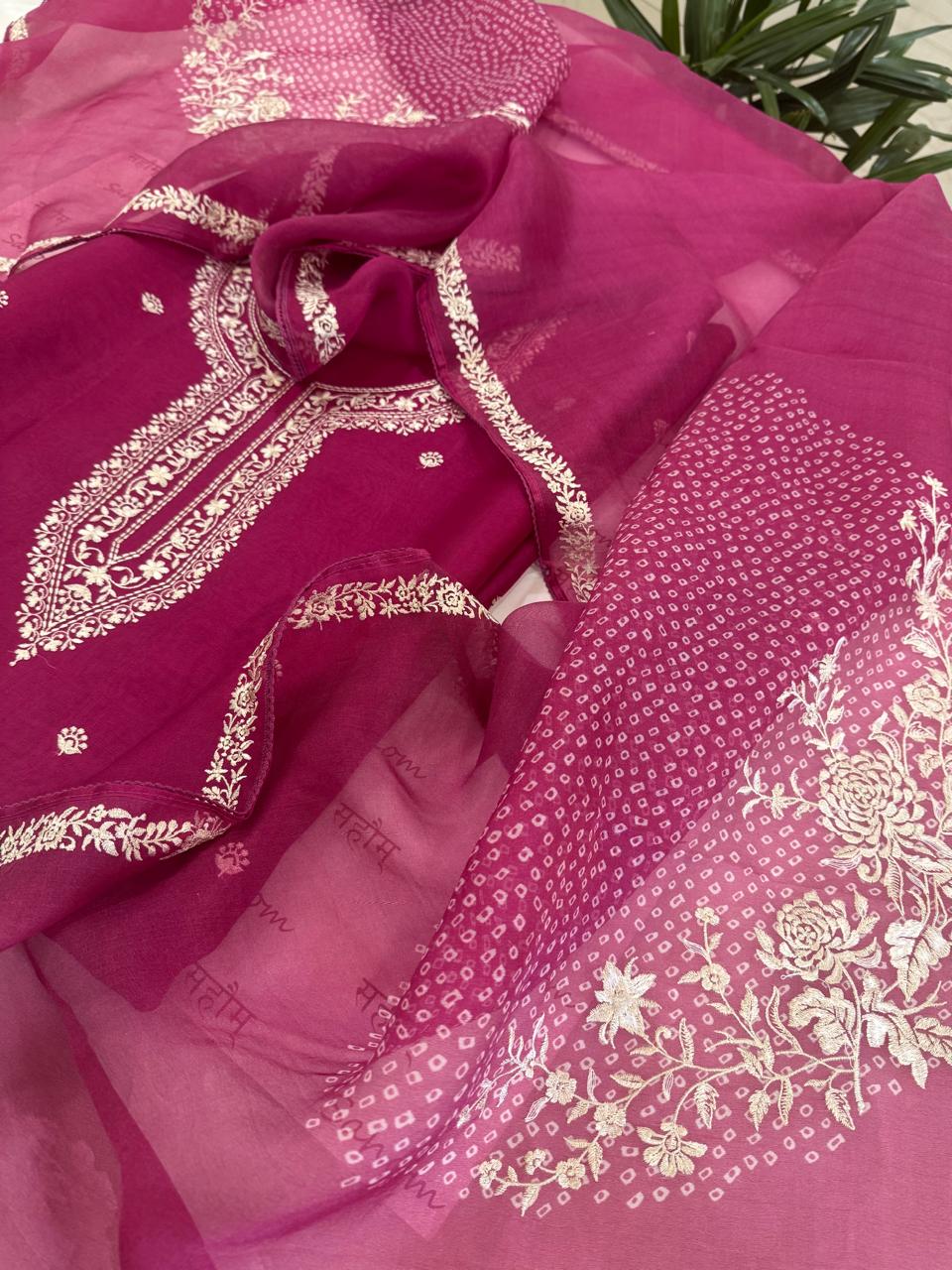 Pure Organza Thread Work Suit Set with Silk Organza Bandhani Dupatta