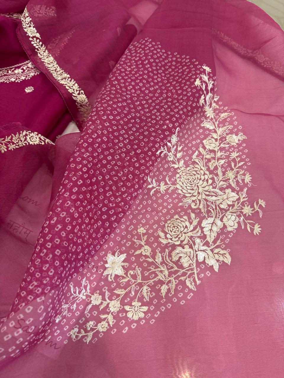 Pure Organza Thread Work Suit Set with Silk Organza Bandhani Dupatta