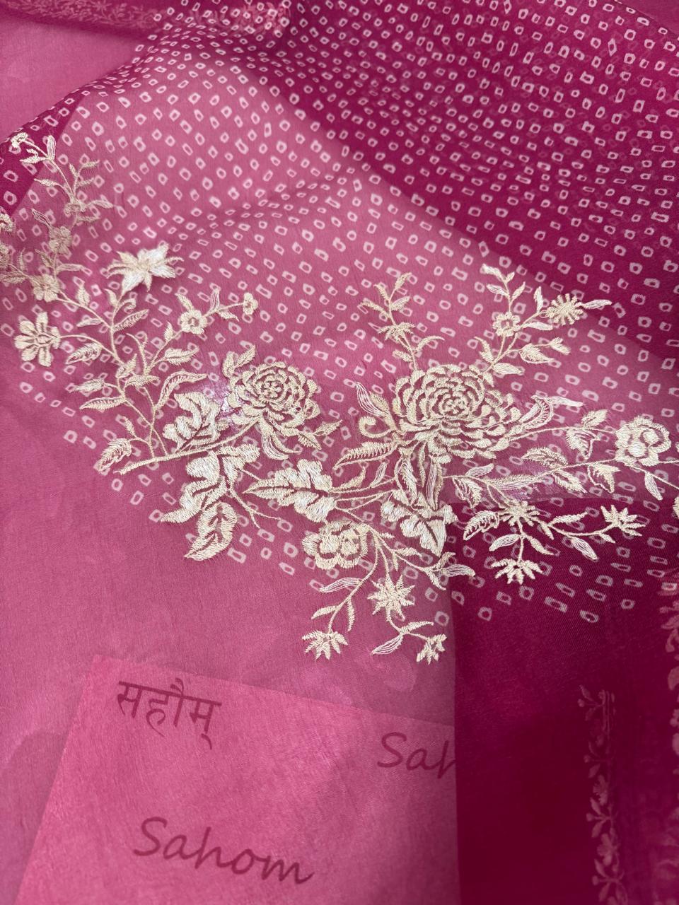 Pure Organza Thread Work Suit Set with Silk Organza Bandhani Dupatta