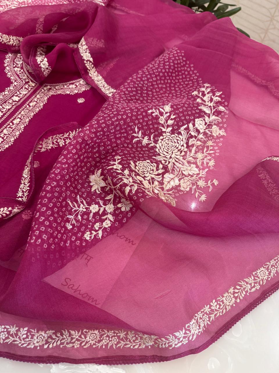 Pure Organza Thread Work Suit Set with Silk Organza Bandhani Dupatta