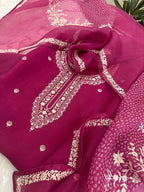 Pure Organza Thread Work Suit Set with Silk Organza Bandhani Dupatta