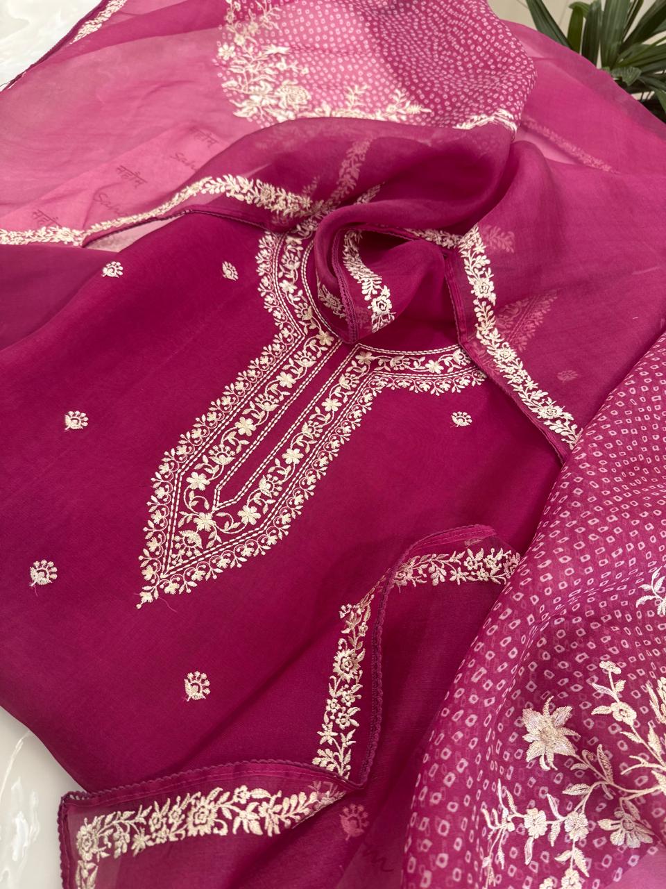 Pure Organza Thread Work Suit Set with Silk Organza Bandhani Dupatta