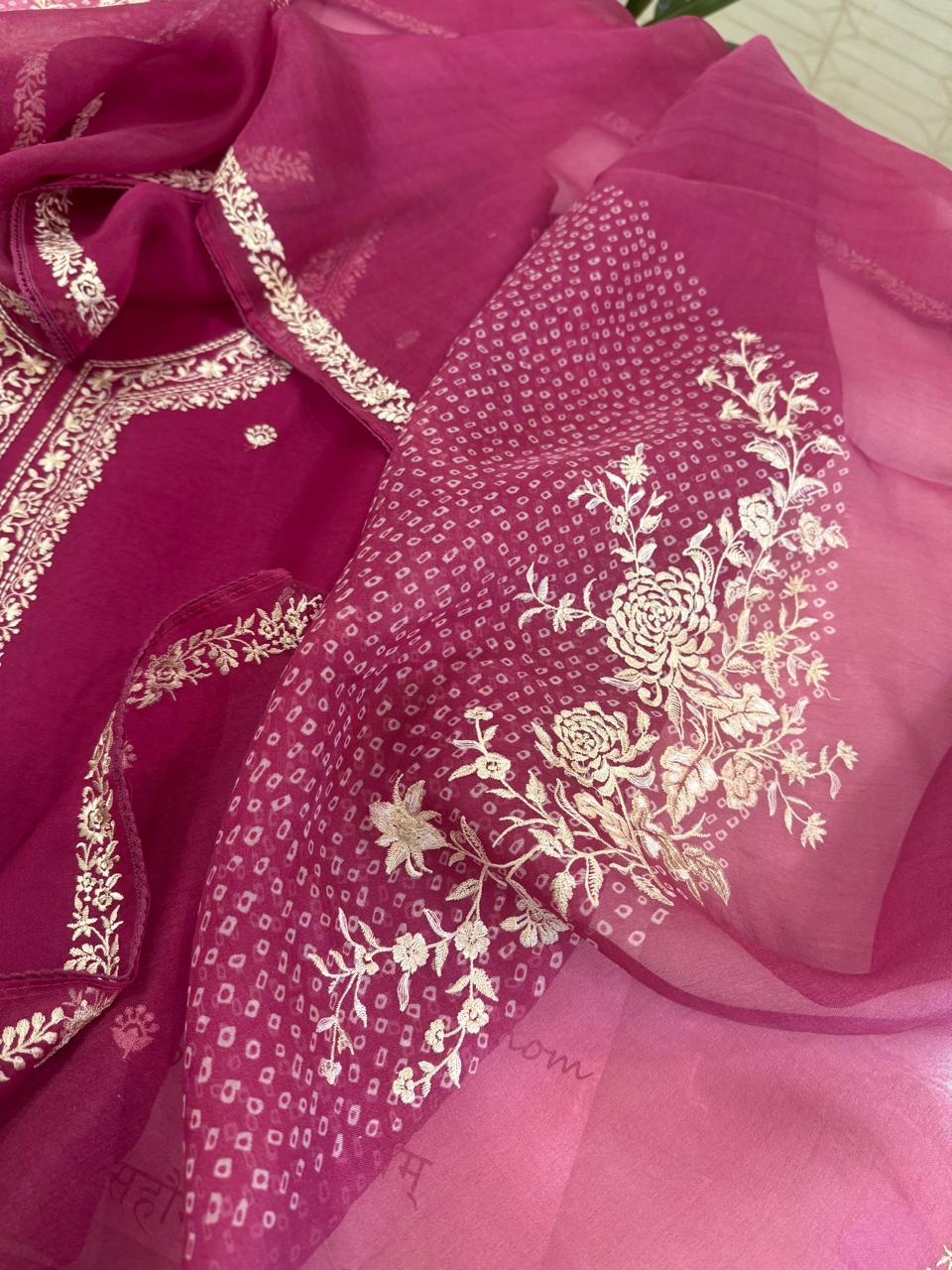 Pure Organza Thread Work Suit Set with Silk Organza Bandhani Dupatta