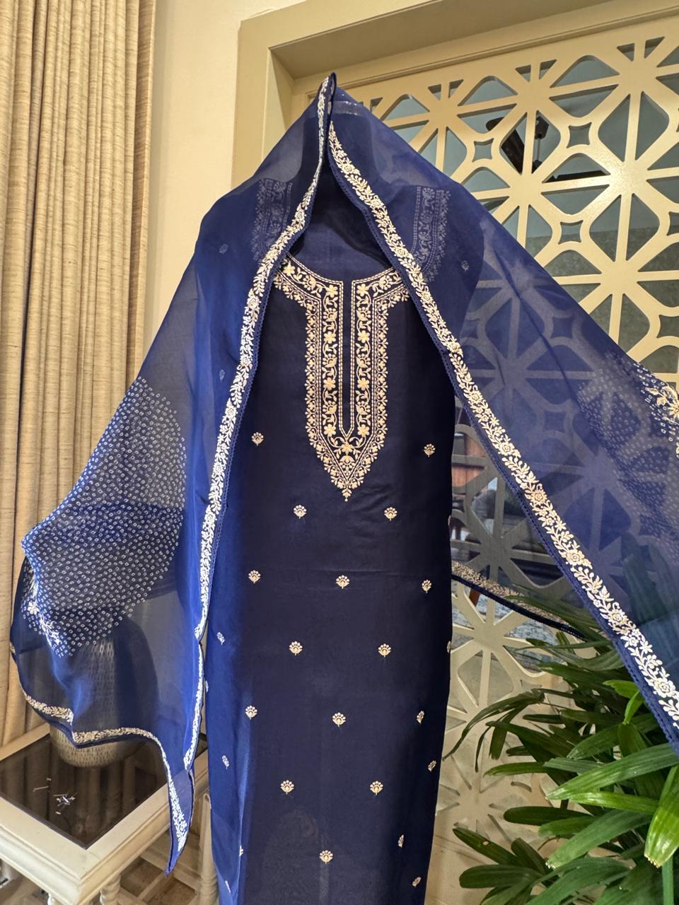 Pure Organza Thread Work Suit Set with Silk Organza Bandhani Dupatta