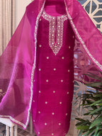Pure Organza Thread Work Suit Set with Silk Organza Bandhani Dupatta