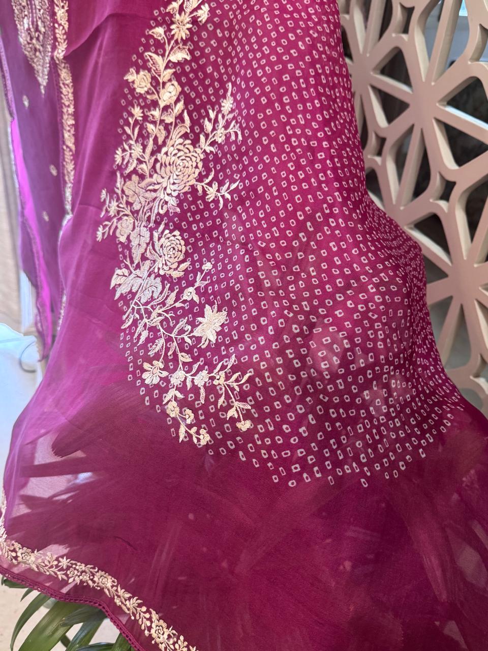 Pure Organza Thread Work Suit Set with Silk Organza Bandhani Dupatta