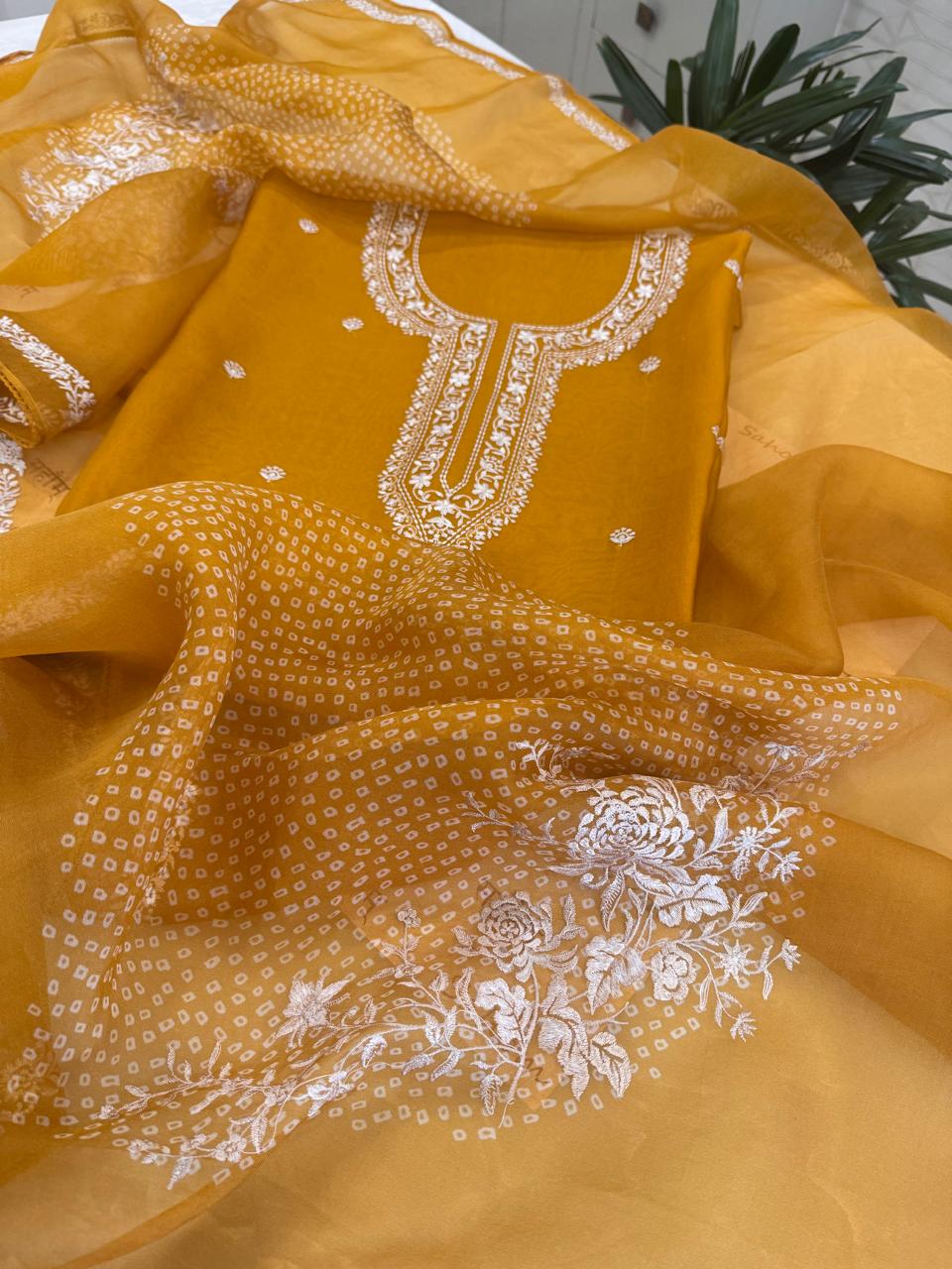 Pure Organza Thread Work Suit Set with Silk Organza Bandhani Dupatta