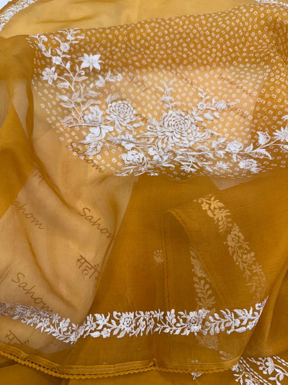 Pure Organza Thread Work Suit Set with Silk Organza Bandhani Dupatta
