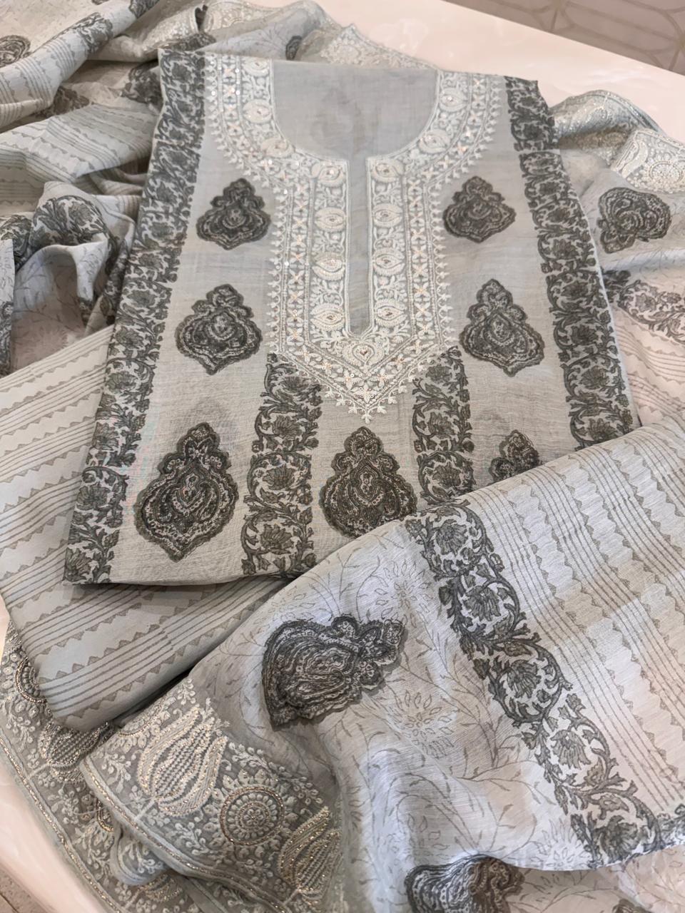 Pure Mul Chanderi Block Print & Lucknowi Chikankari Suit Set