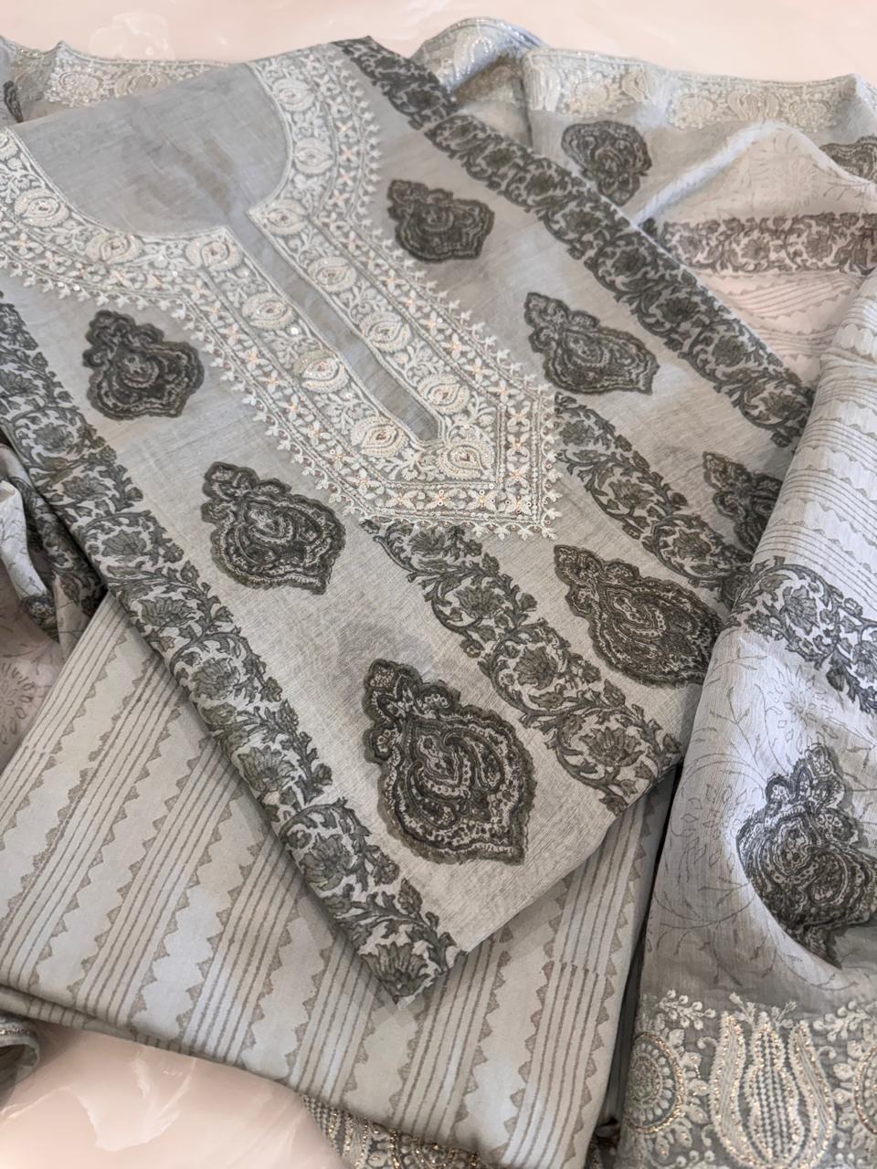 Pure Mul Chanderi Block Print & Lucknowi Chikankari Suit Set