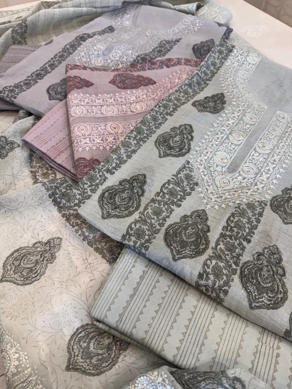 Pure Mul Chanderi Block Print & Lucknowi Chikankari Suit Set