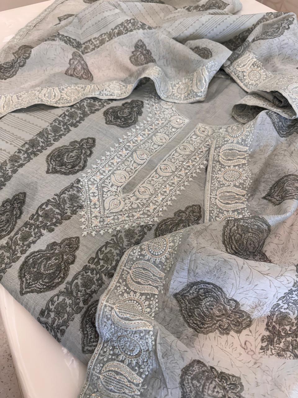 Pure Mul Chanderi Block Print & Lucknowi Chikankari Suit Set