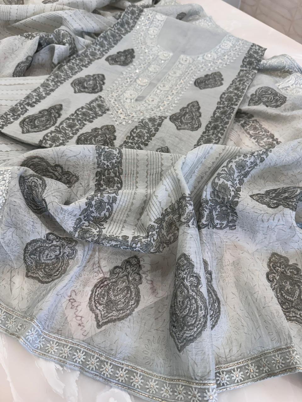 Pure Mul Chanderi Block Print & Lucknowi Chikankari Suit Set