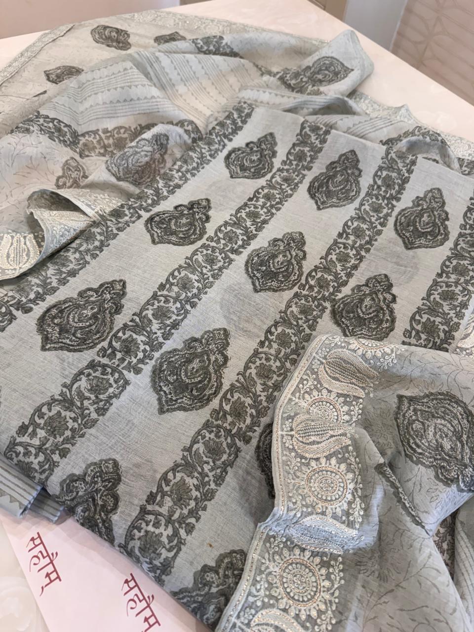 Pure Mul Chanderi Block Print & Lucknowi Chikankari Suit Set