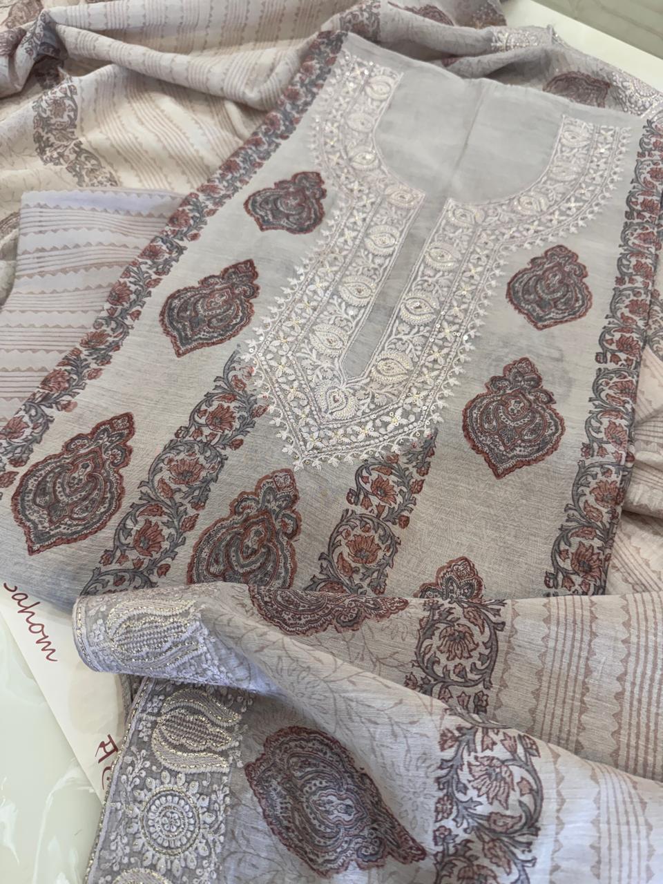 Pure Mul Chanderi Block Print & Lucknowi Chikankari Suit Set