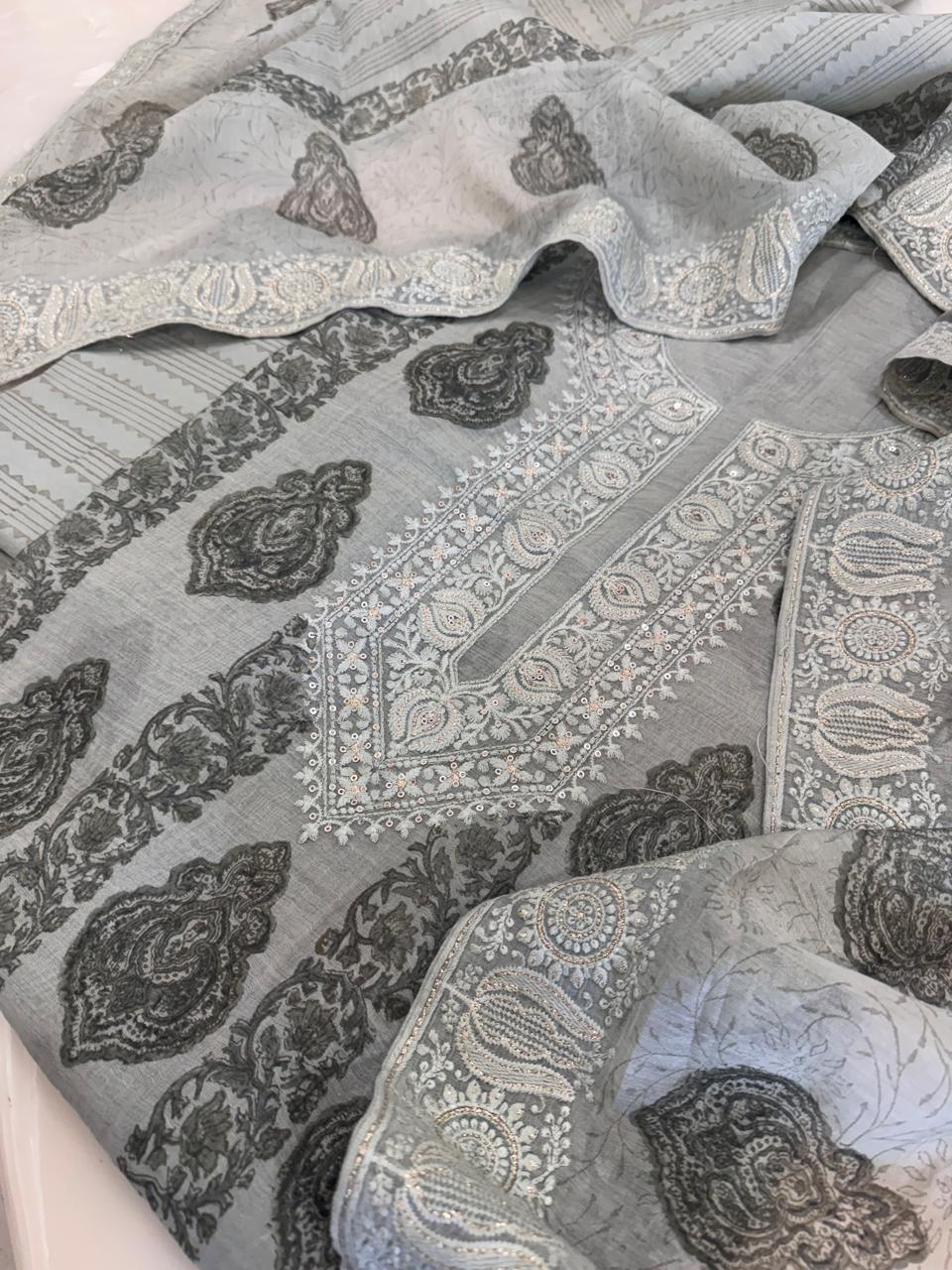 Pure Mul Chanderi Block Print & Lucknowi Chikankari Suit Set
