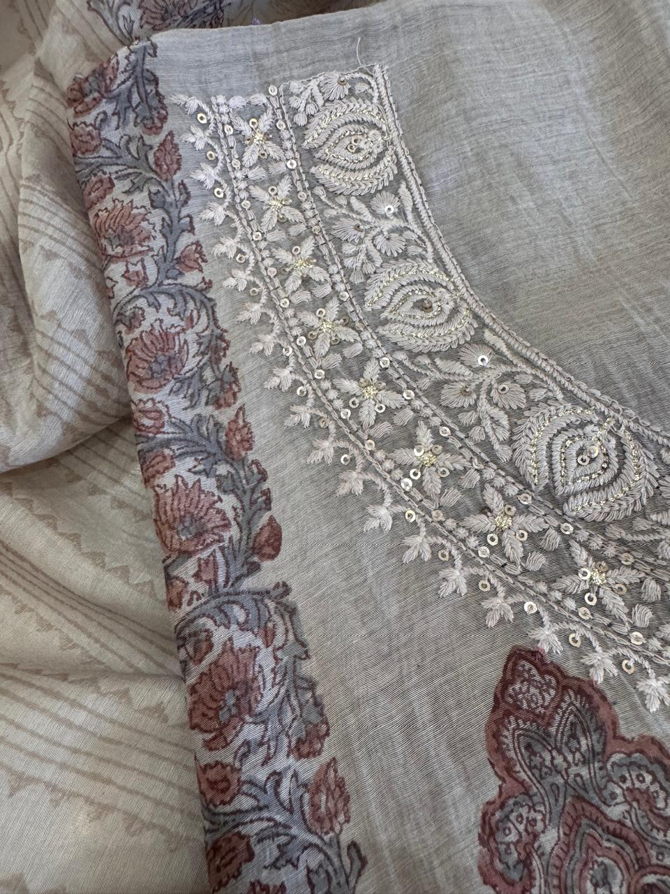 Pure Mul Chanderi Block Print & Lucknowi Chikankari Suit Set