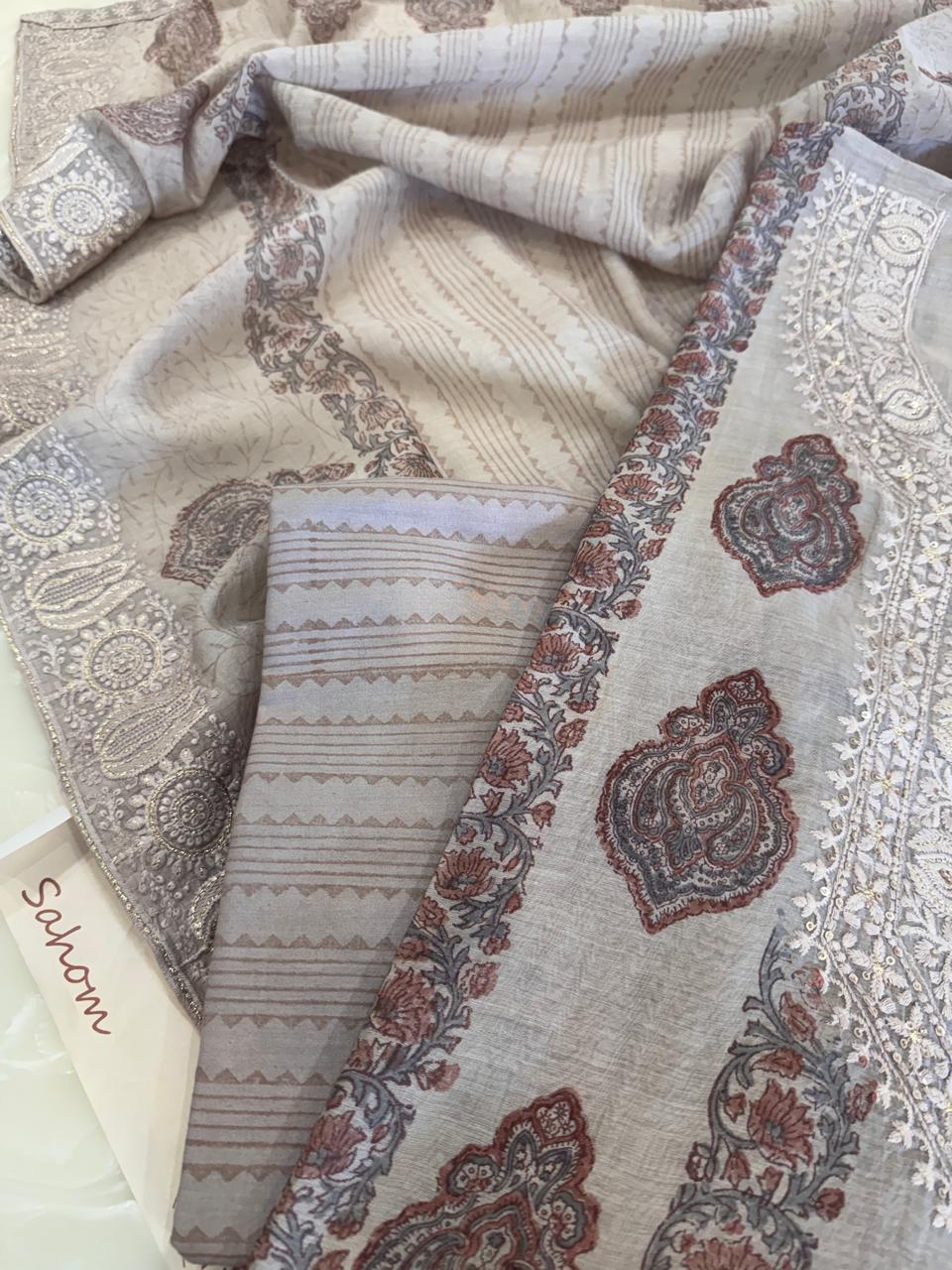 Pure Mul Chanderi Block Print & Lucknowi Chikankari Suit Set