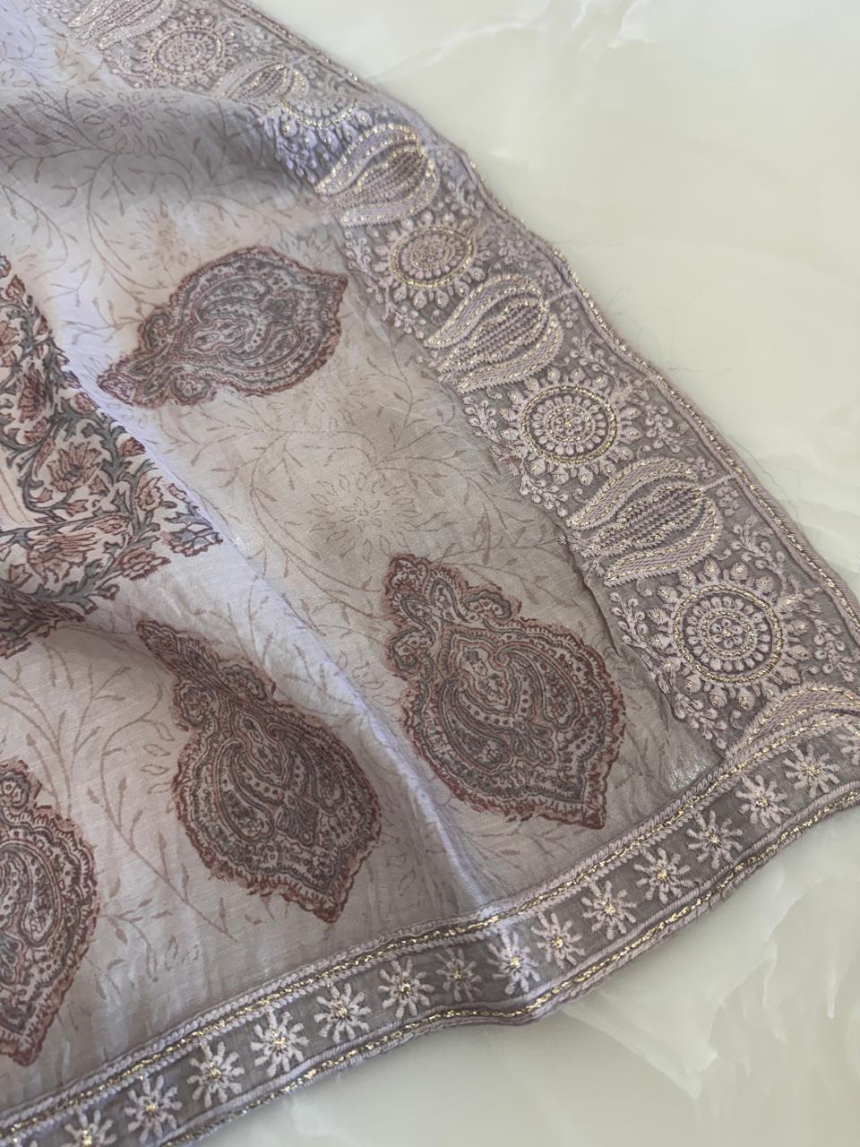 Pure Mul Chanderi Block Print & Lucknowi Chikankari Suit Set