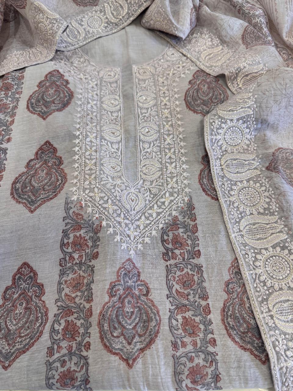 Pure Mul Chanderi Block Print & Lucknowi Chikankari Suit Set