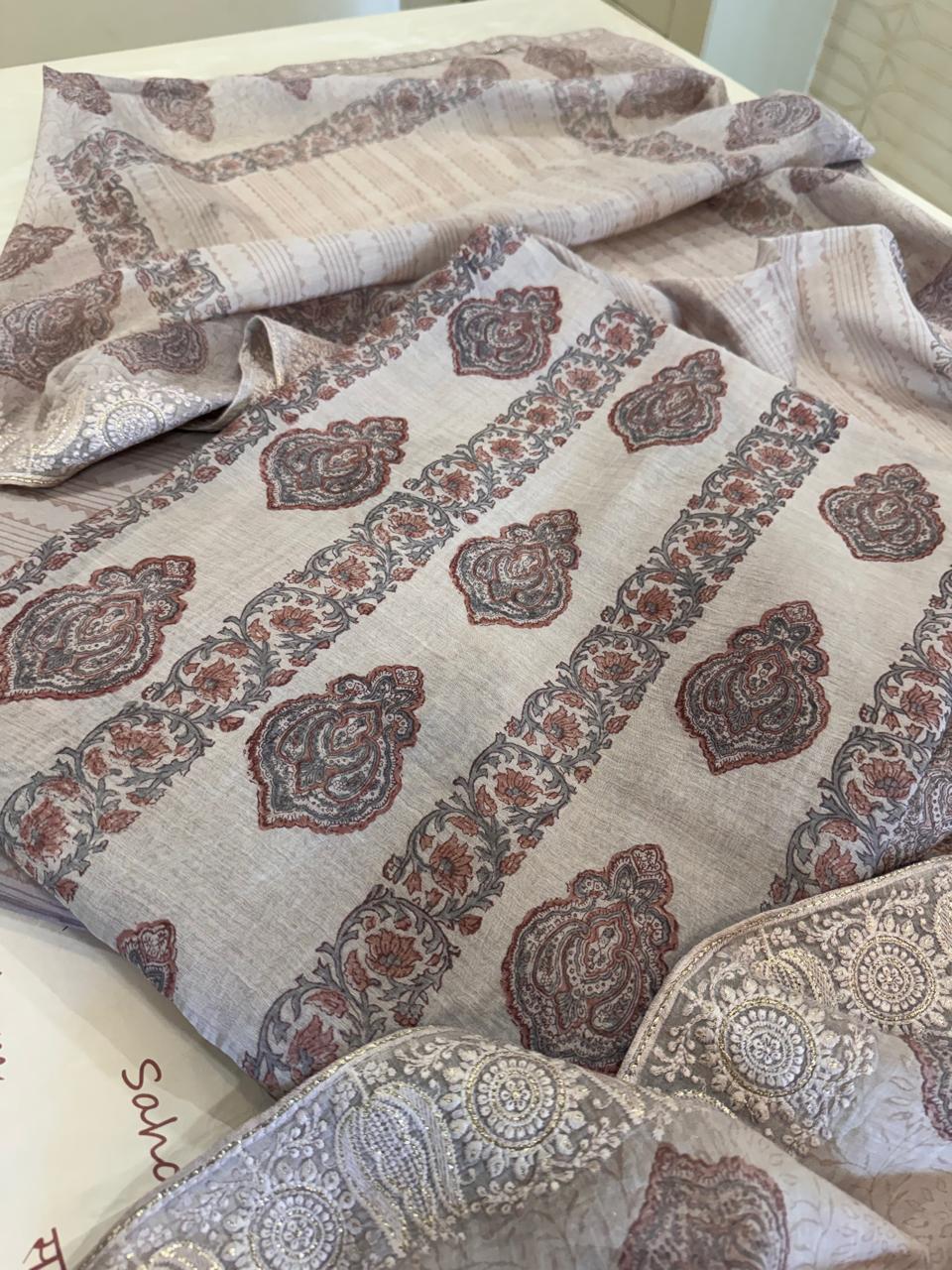 Pure Mul Chanderi Block Print & Lucknowi Chikankari Suit Set