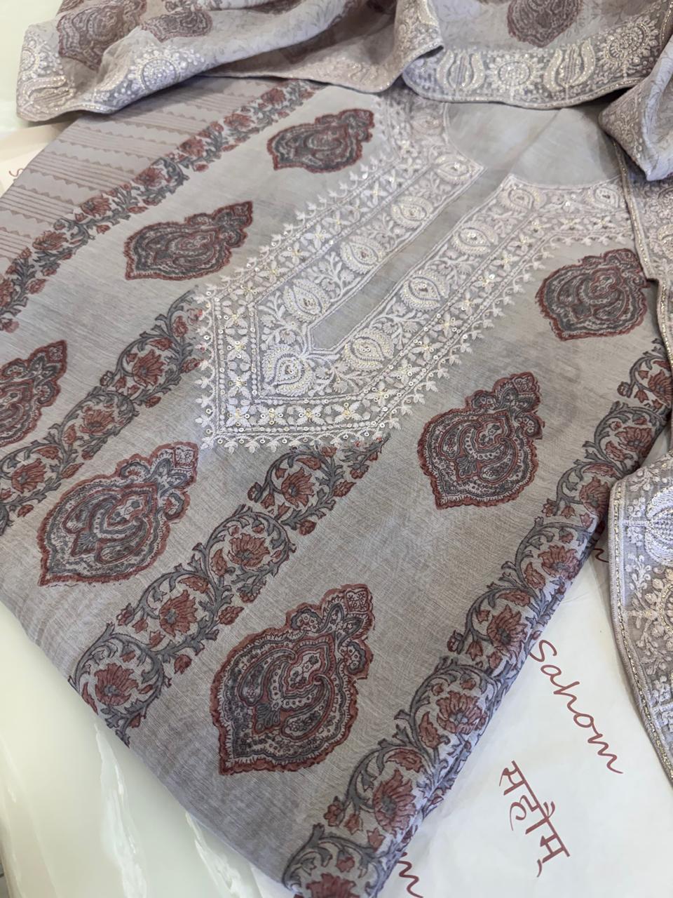 Pure Mul Chanderi Block Print & Lucknowi Chikankari Suit Set