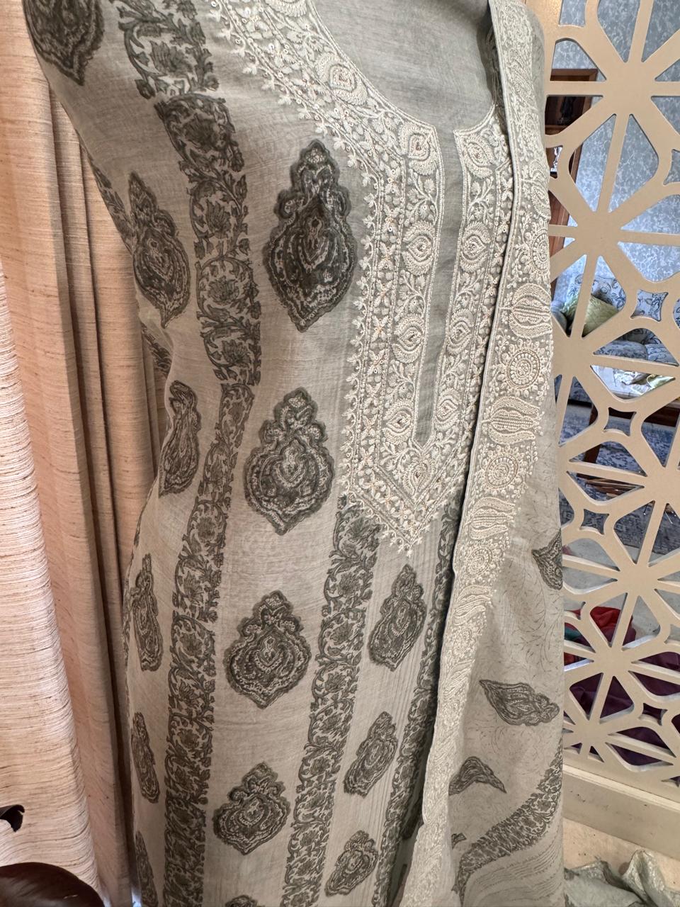 Pure Mul Chanderi Block Print & Lucknowi Chikankari Suit Set