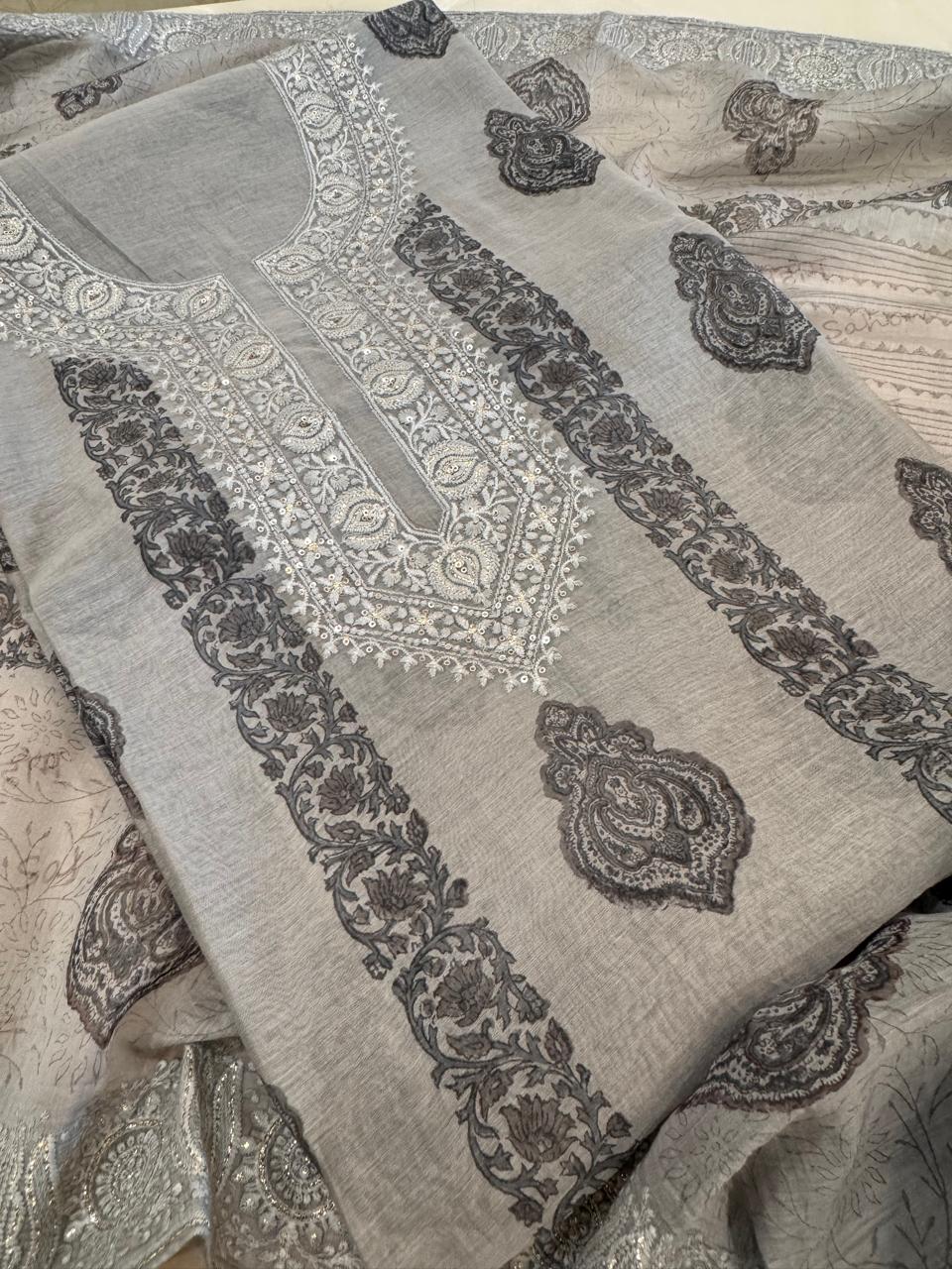 Pure Mul Chanderi Block Print & Lucknowi Chikankari Suit Set