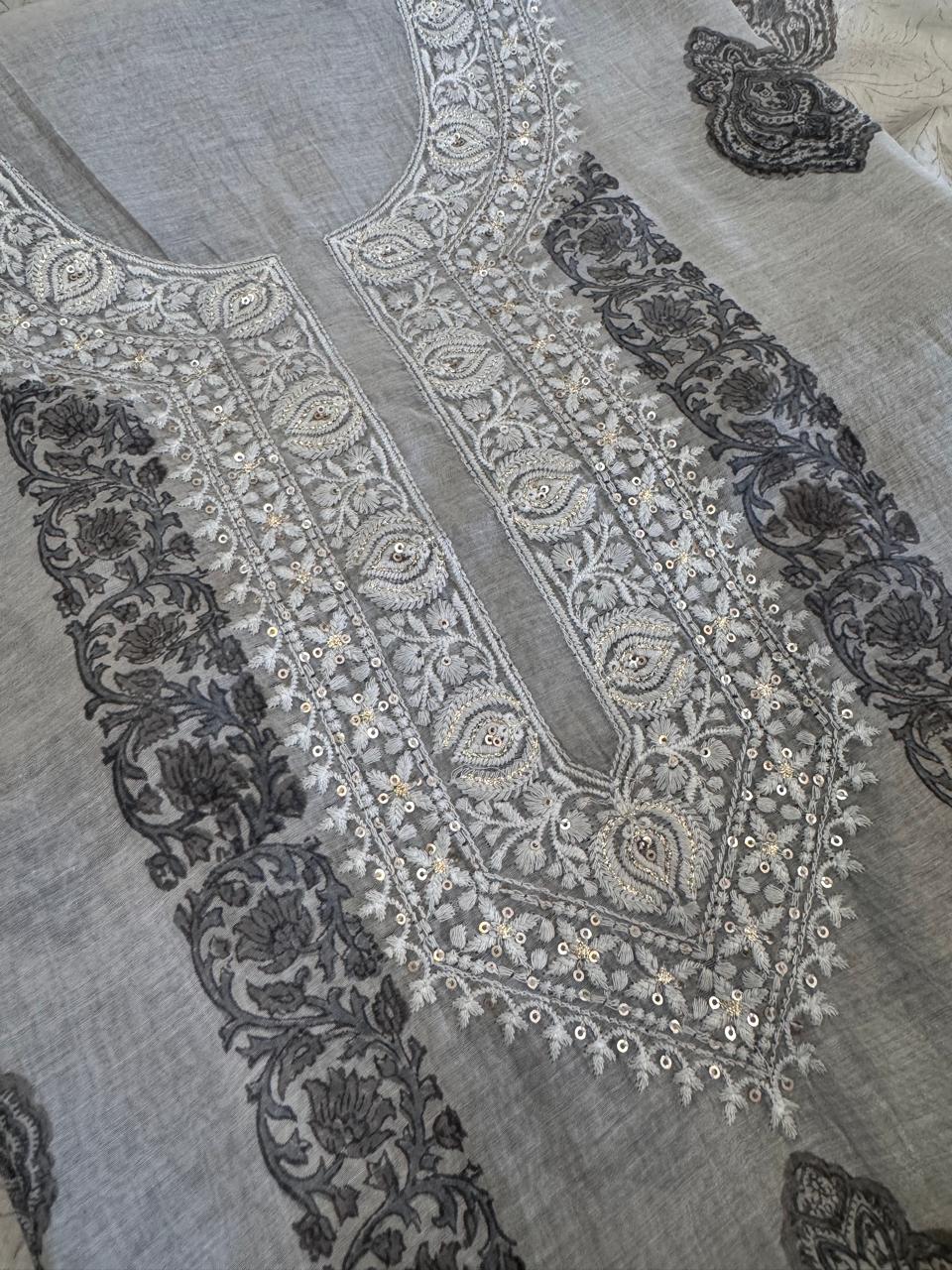 Pure Mul Chanderi Block Print & Lucknowi Chikankari Suit Set