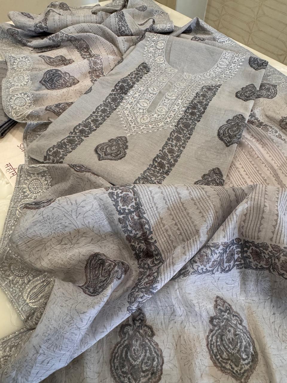 Pure Mul Chanderi Block Print & Lucknowi Chikankari Suit Set