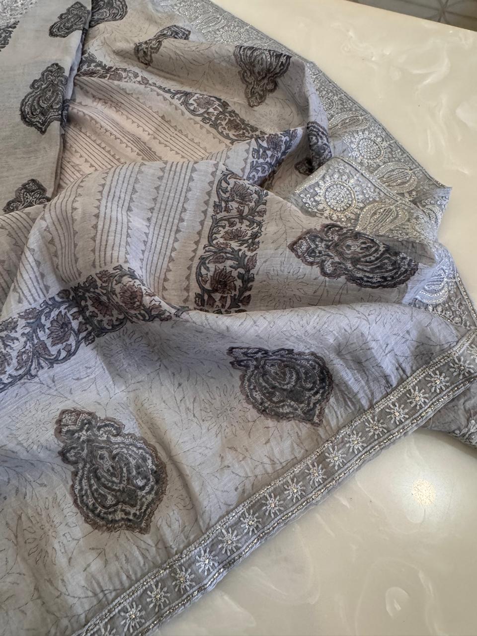 Pure Mul Chanderi Block Print & Lucknowi Chikankari Suit Set