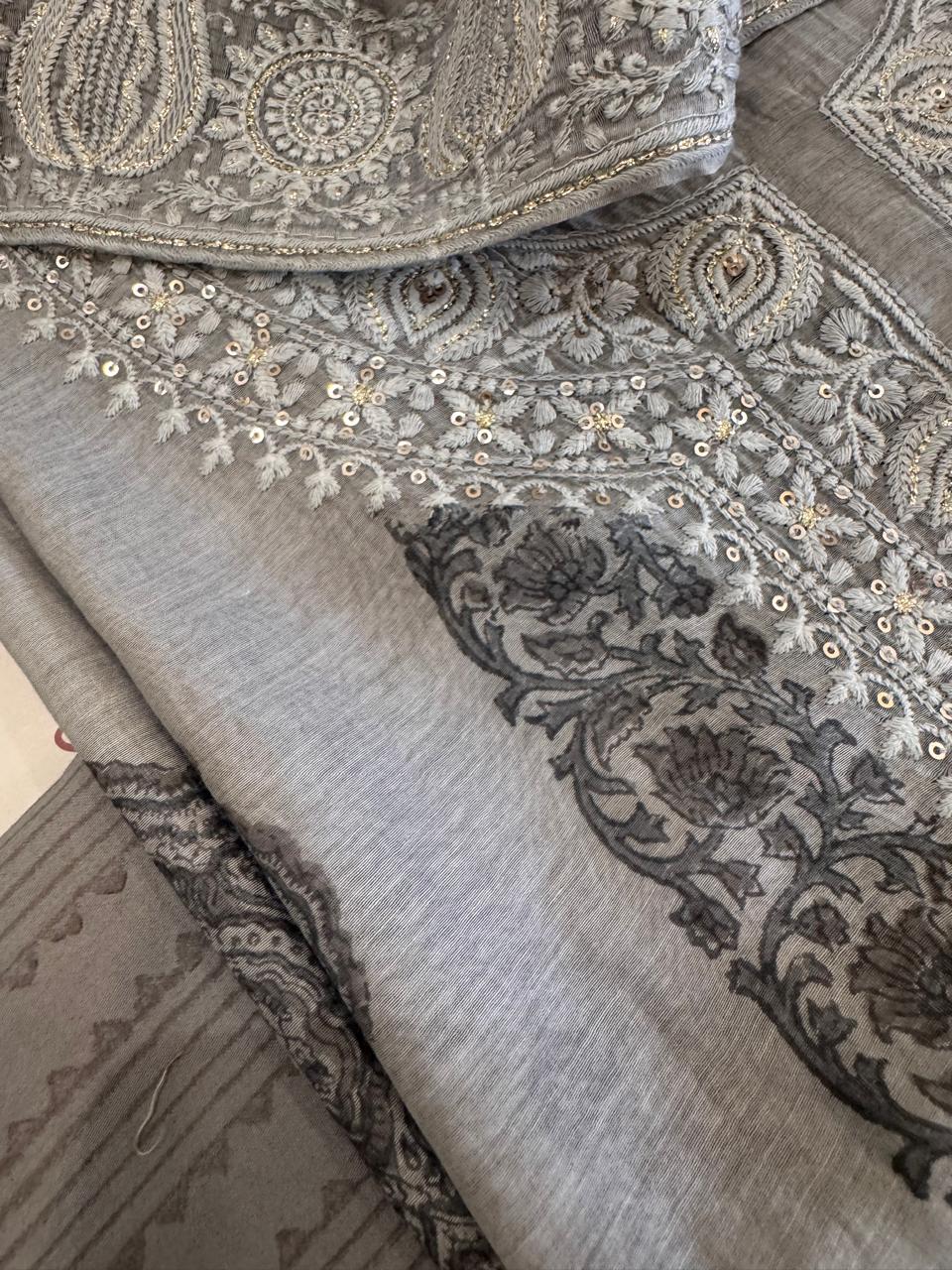 Pure Mul Chanderi Block Print & Lucknowi Chikankari Suit Set