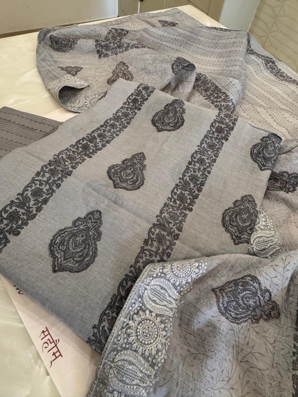 Pure Mul Chanderi Block Print & Lucknowi Chikankari Suit Set