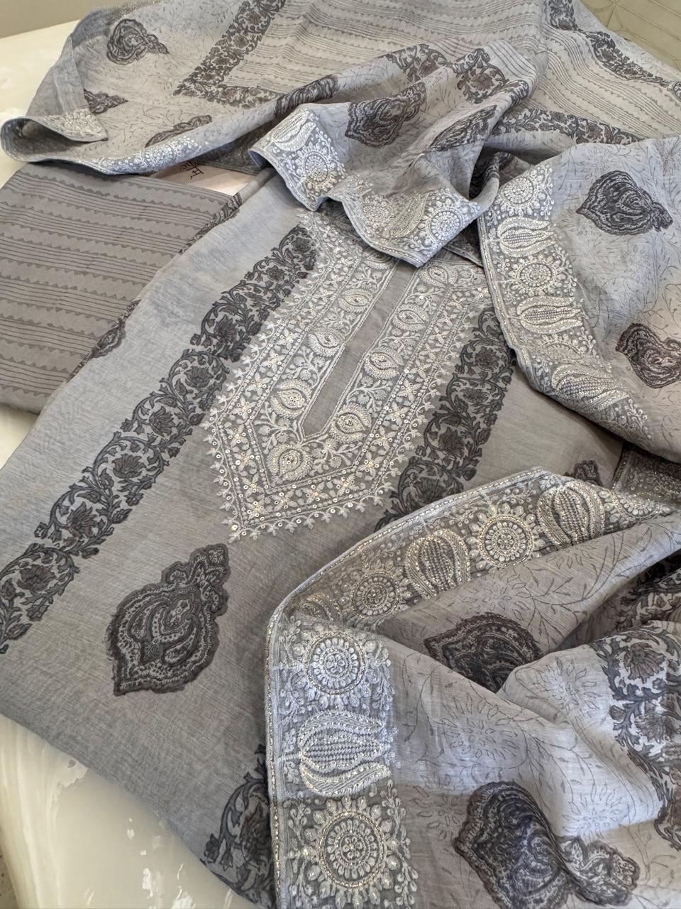 Pure Mul Chanderi Block Print & Lucknowi Chikankari Suit Set