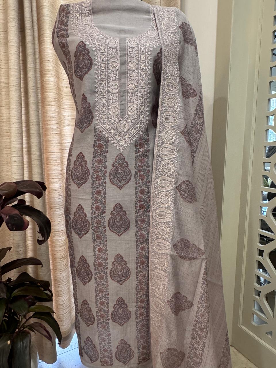 Pure Mul Chanderi Block Print & Lucknowi Chikankari Suit Set