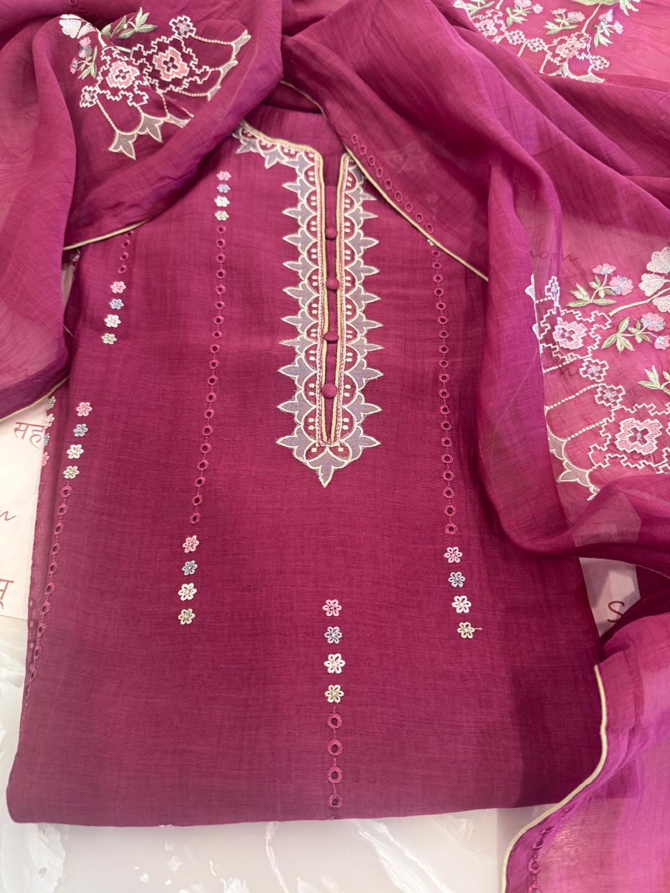 Pure Mul Chanderi Thread & Mirror Work Suit Set