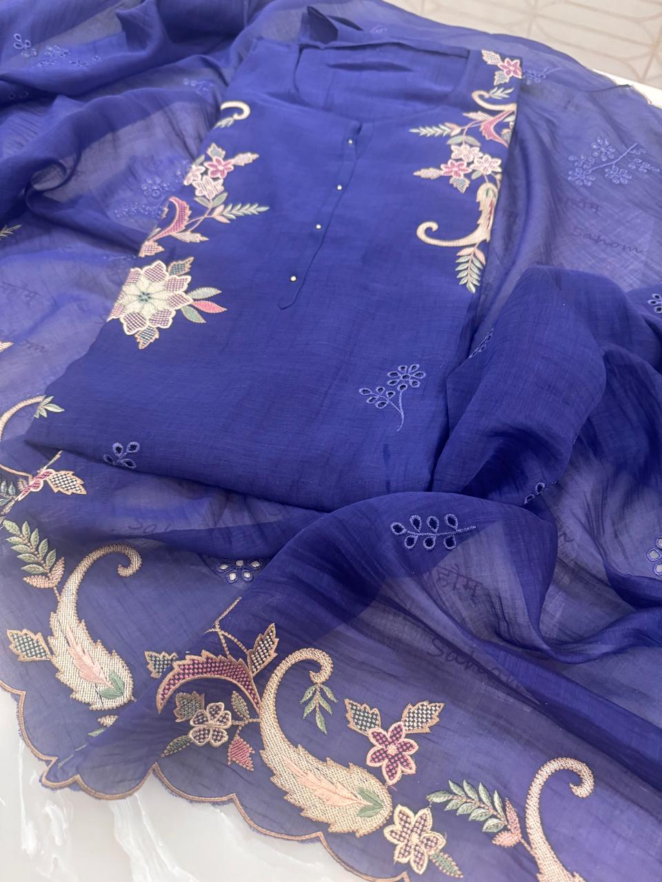 Pure Mul Chanderi Multicolor Embroidered Semi-Stitched Kurta Dupatta Set