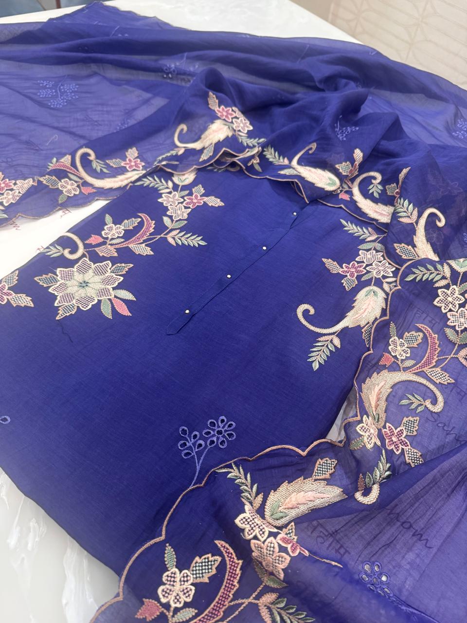 Pure Mul Chanderi Multicolor Embroidered Semi-Stitched Kurta Dupatta Set