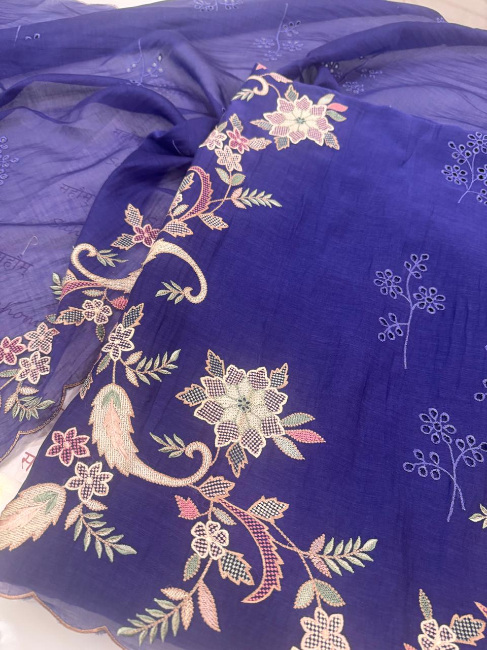 Pure Mul Chanderi Multicolor Embroidered Semi-Stitched Kurta Dupatta Set