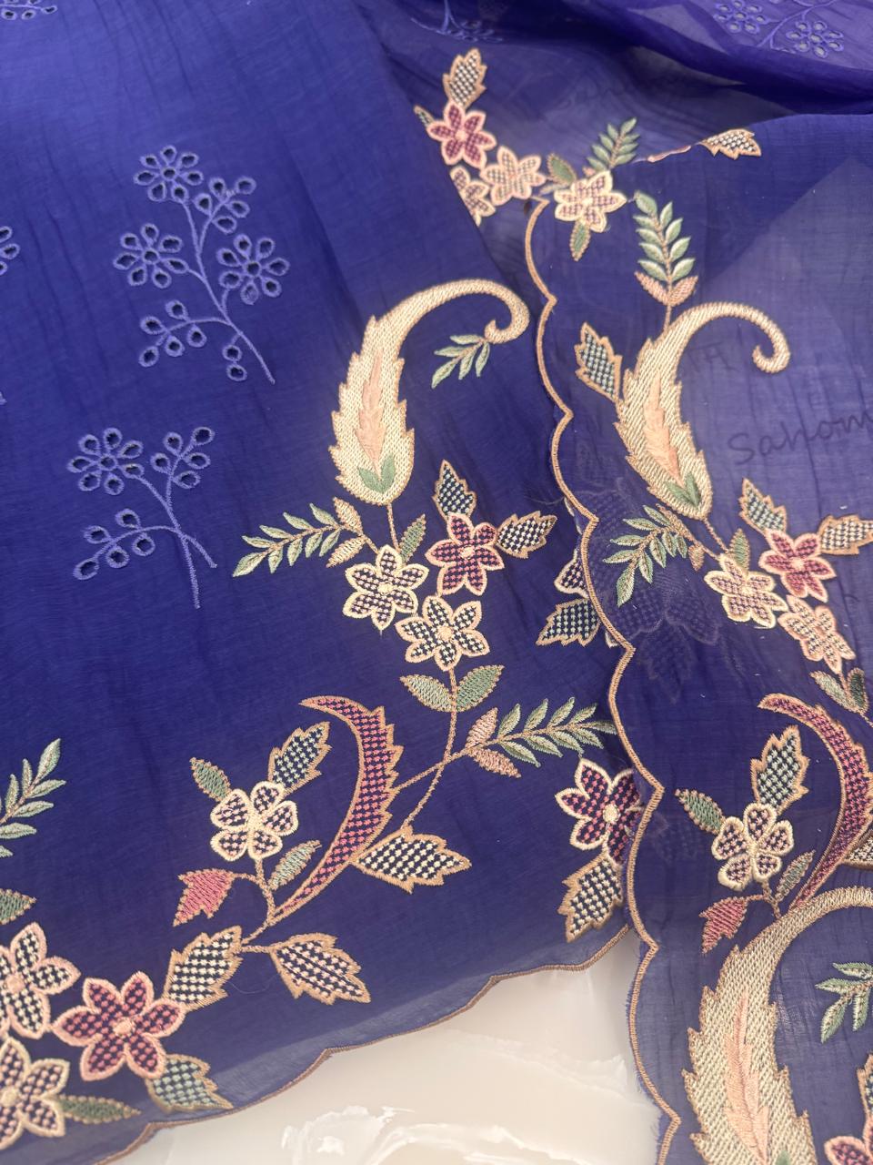 Pure Mul Chanderi Multicolor Embroidered Semi-Stitched Kurta Dupatta Set