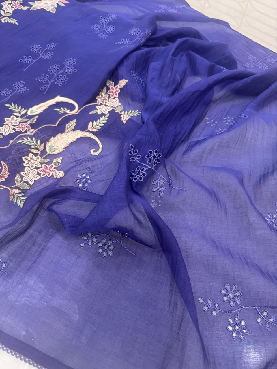 Pure Mul Chanderi Multicolor Embroidered Semi-Stitched Kurta Dupatta Set