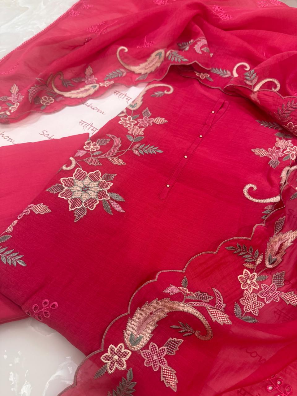 Pure Mul Chanderi Multicolor Embroidered Semi-Stitched Kurta Dupatta Set