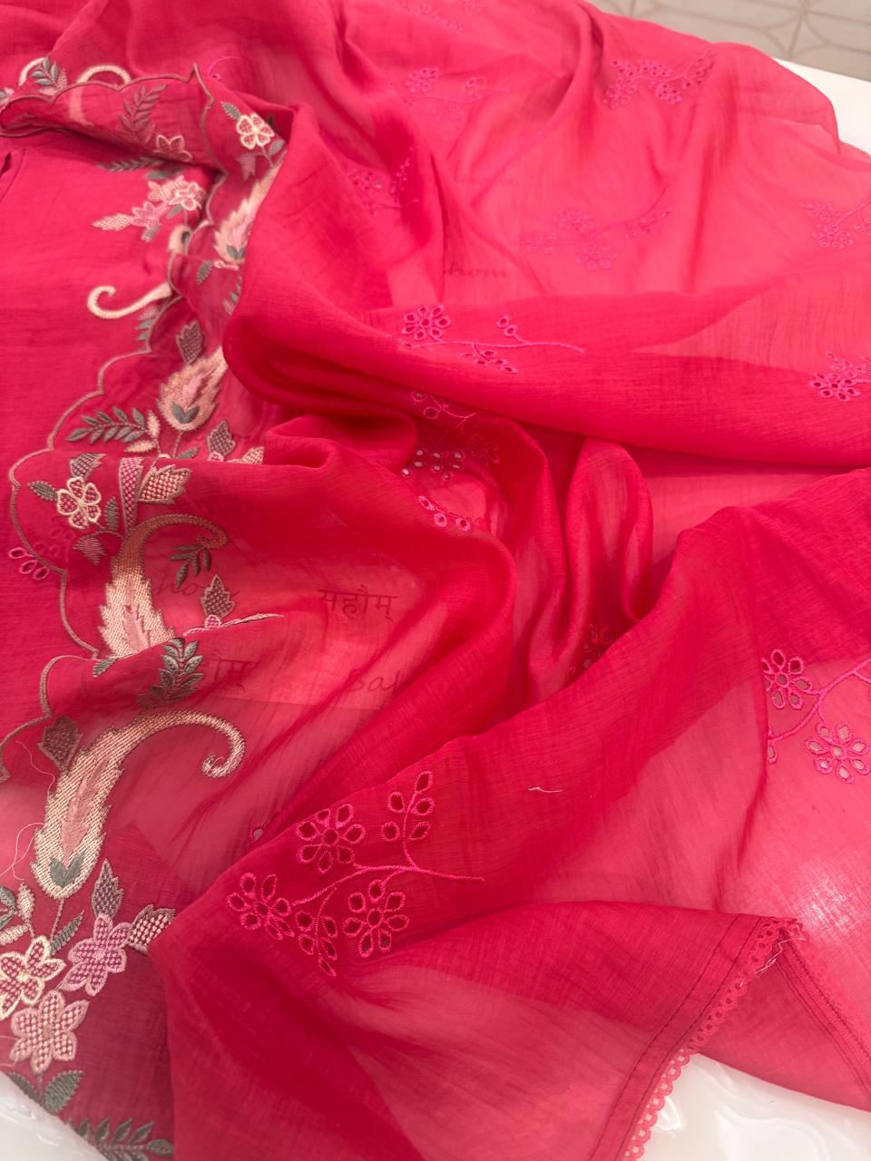 Pure Mul Chanderi Multicolor Embroidered Semi-Stitched Kurta Dupatta Set
