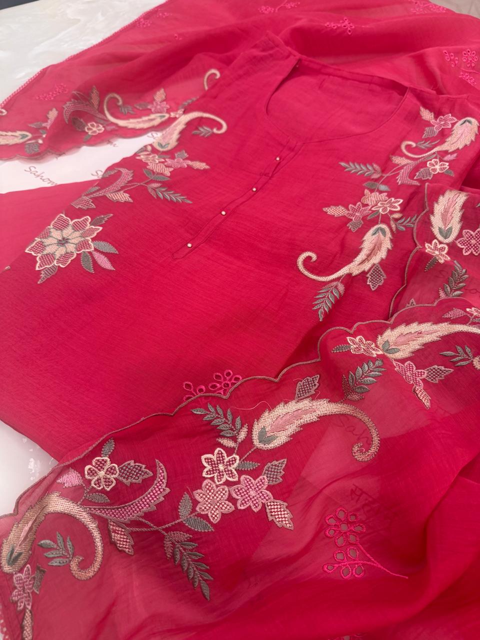 Pure Mul Chanderi Multicolor Embroidered Semi-Stitched Kurta Dupatta Set